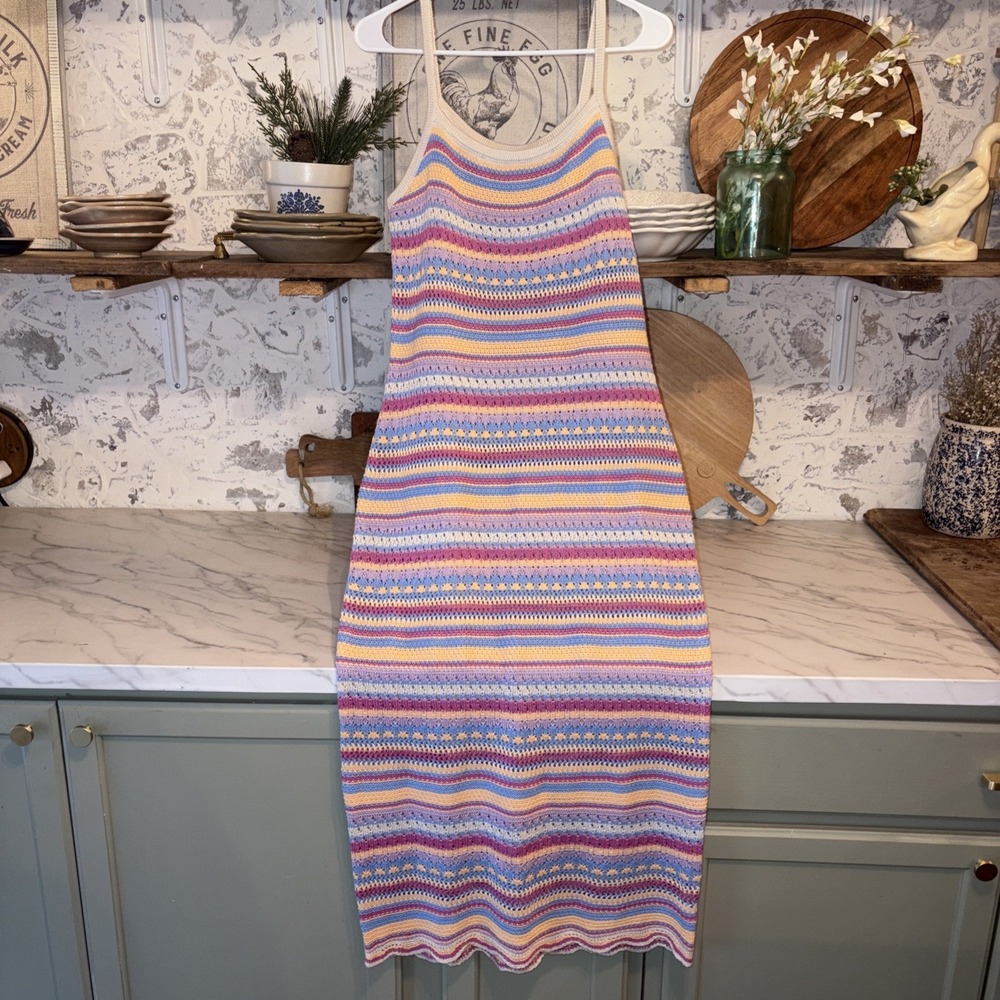 Women's Pastel Crochet Beach Cover Up Granny Boho Cottagecore Dress Size L